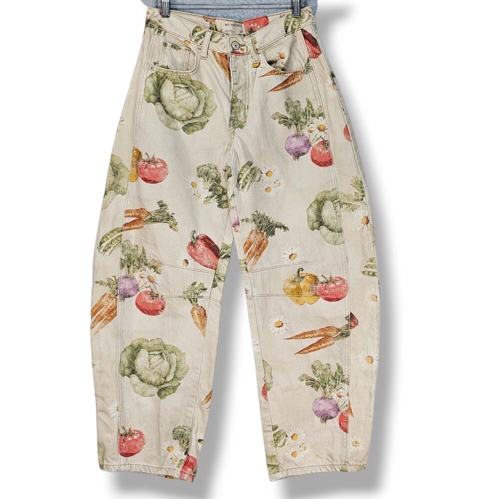 Free People We The Free Good Luck Barrel Jeans Garden Veggie Combo Sz 24 Artsy